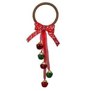 NWT Candy Cane Bow- Red & Green Metal Bells Christmas Holiday Door Knob Hanger
